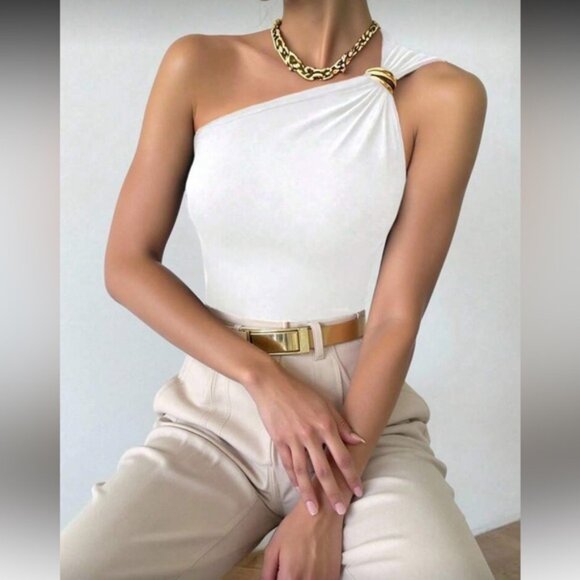 Elegant Khaki One-Shoulder Top - Picture 4 of 16